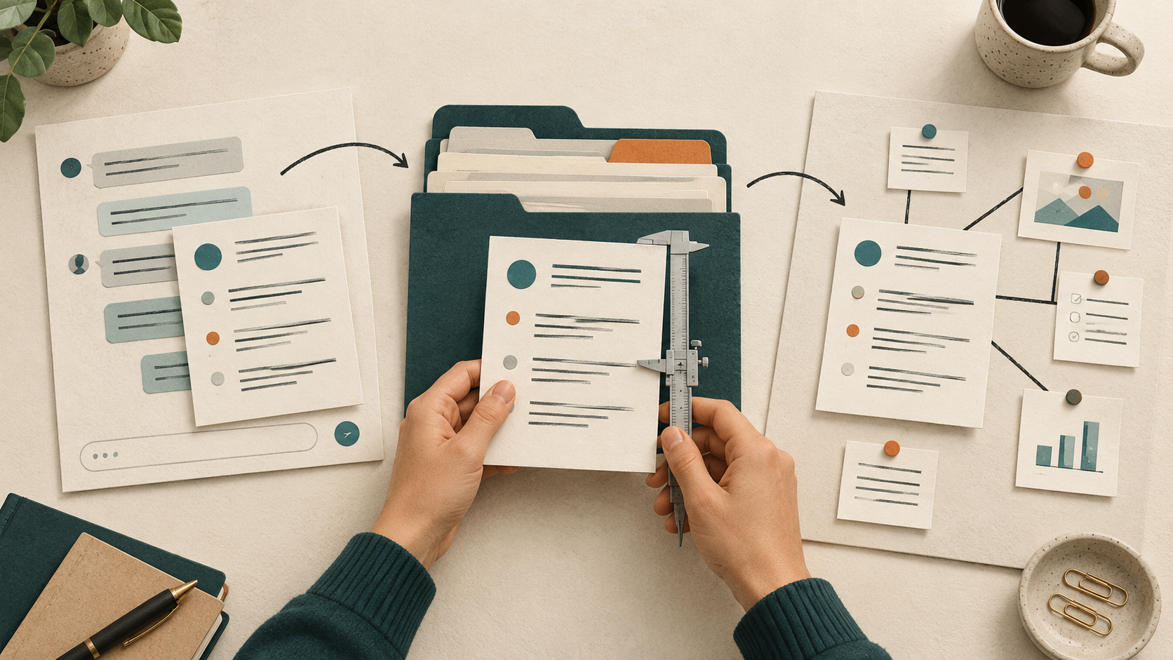 The same evaluation sheet is compared across a chat workspace, a file workspace, and a connected document board.