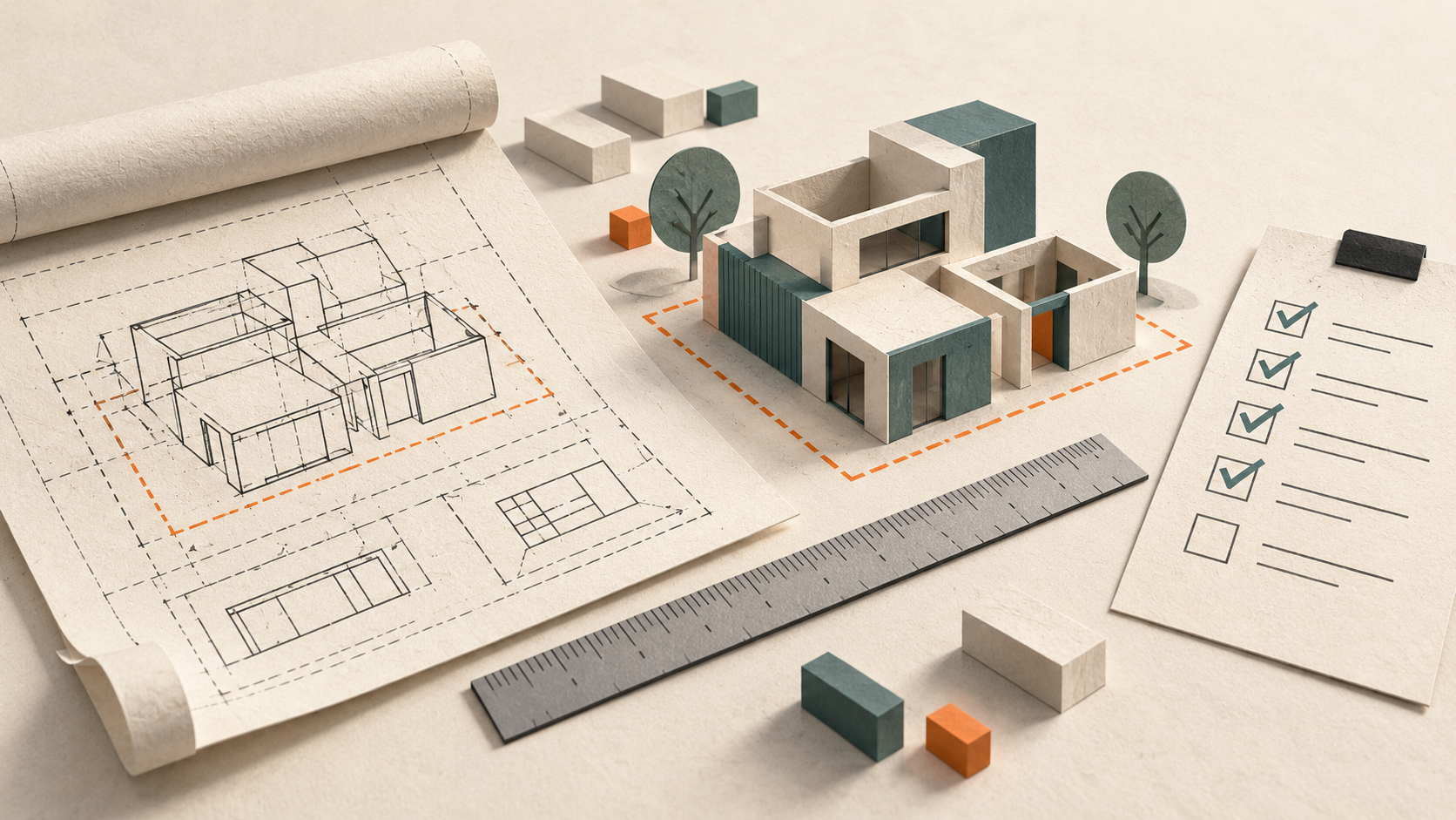 A blueprint, bounded paper structure, ruler, and checklist illustrate specification and verification.