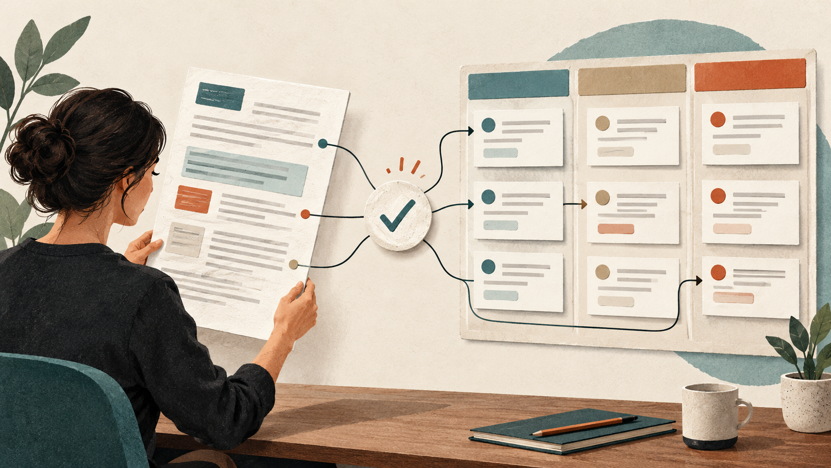 A specification passes through a review checkpoint into linked cards on a planning board.