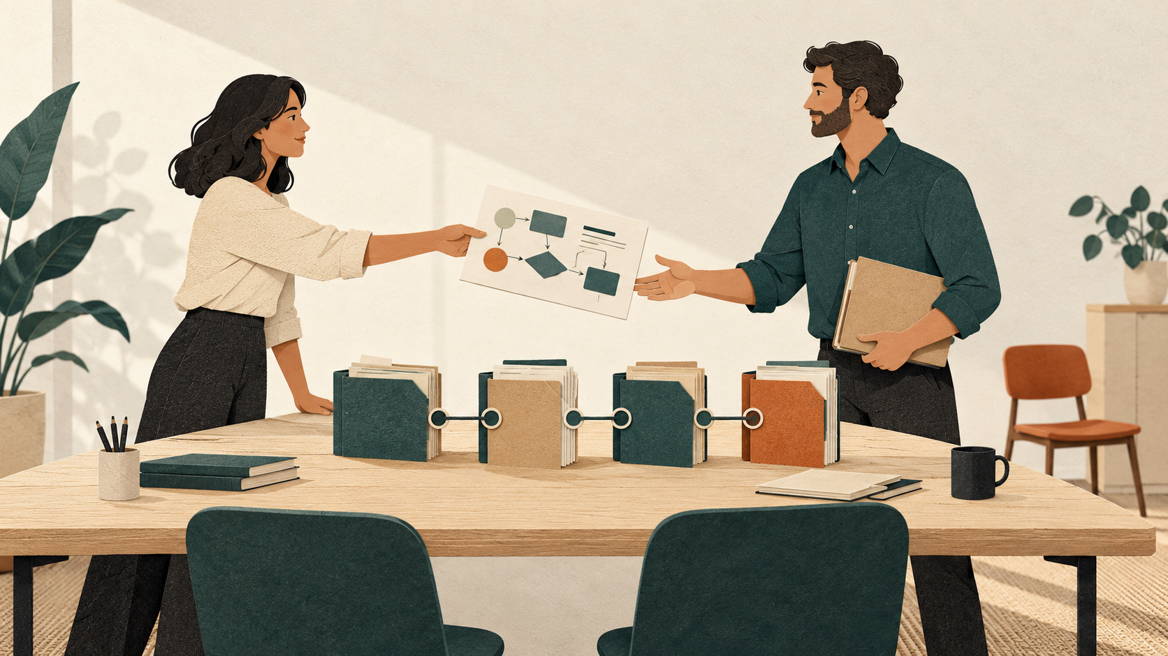 Two colleagues hand over a process map while linked team folders remain on a shared table.