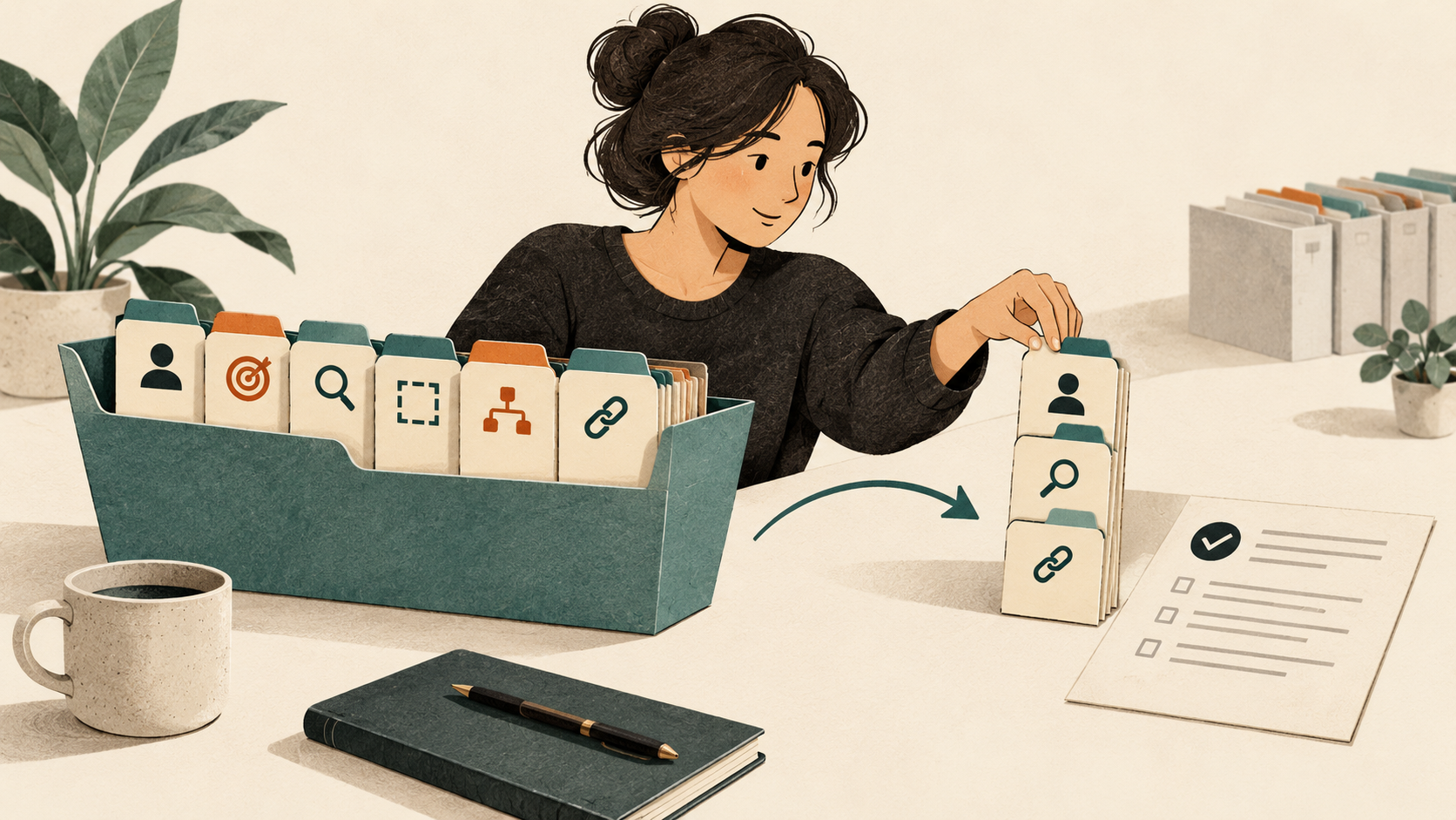 A product manager selects a small relevant set of context sheets from an organized project folder.
