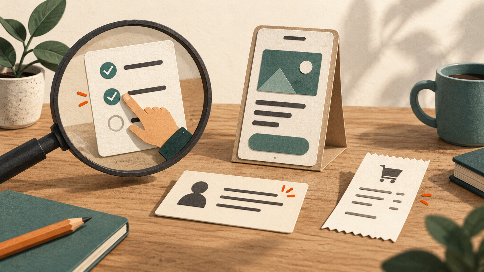 A magnifying glass focuses on a completed user task beside a prototype, observation card, and receipt.