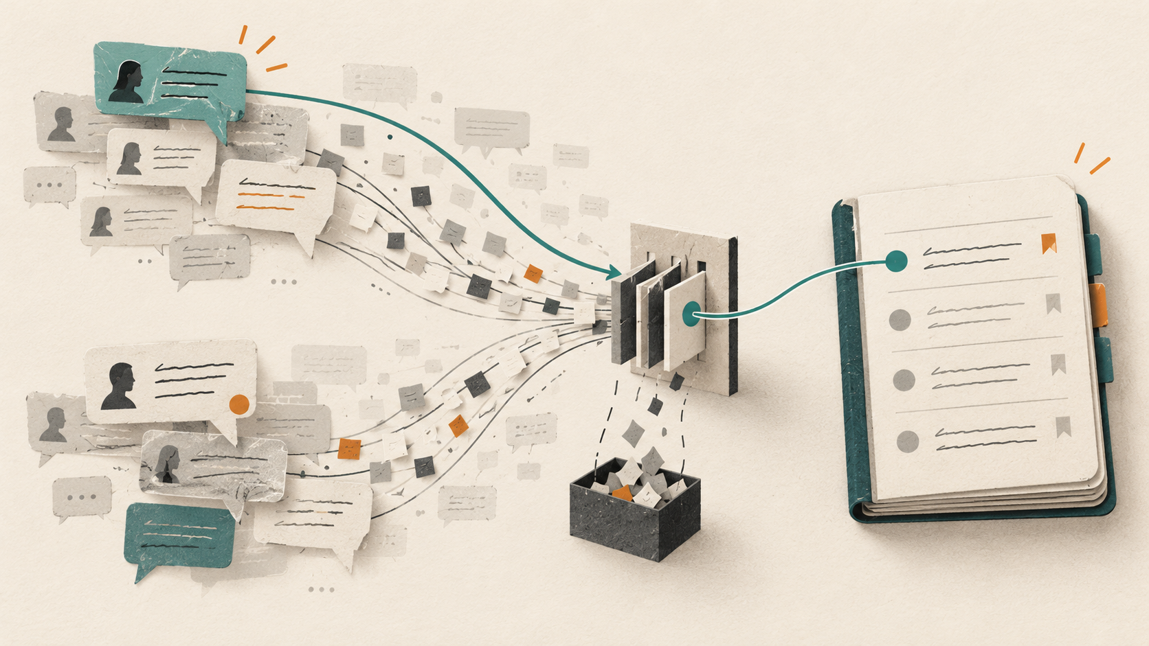 Selected messages from two chat streams are linked to a durable decision ledger.