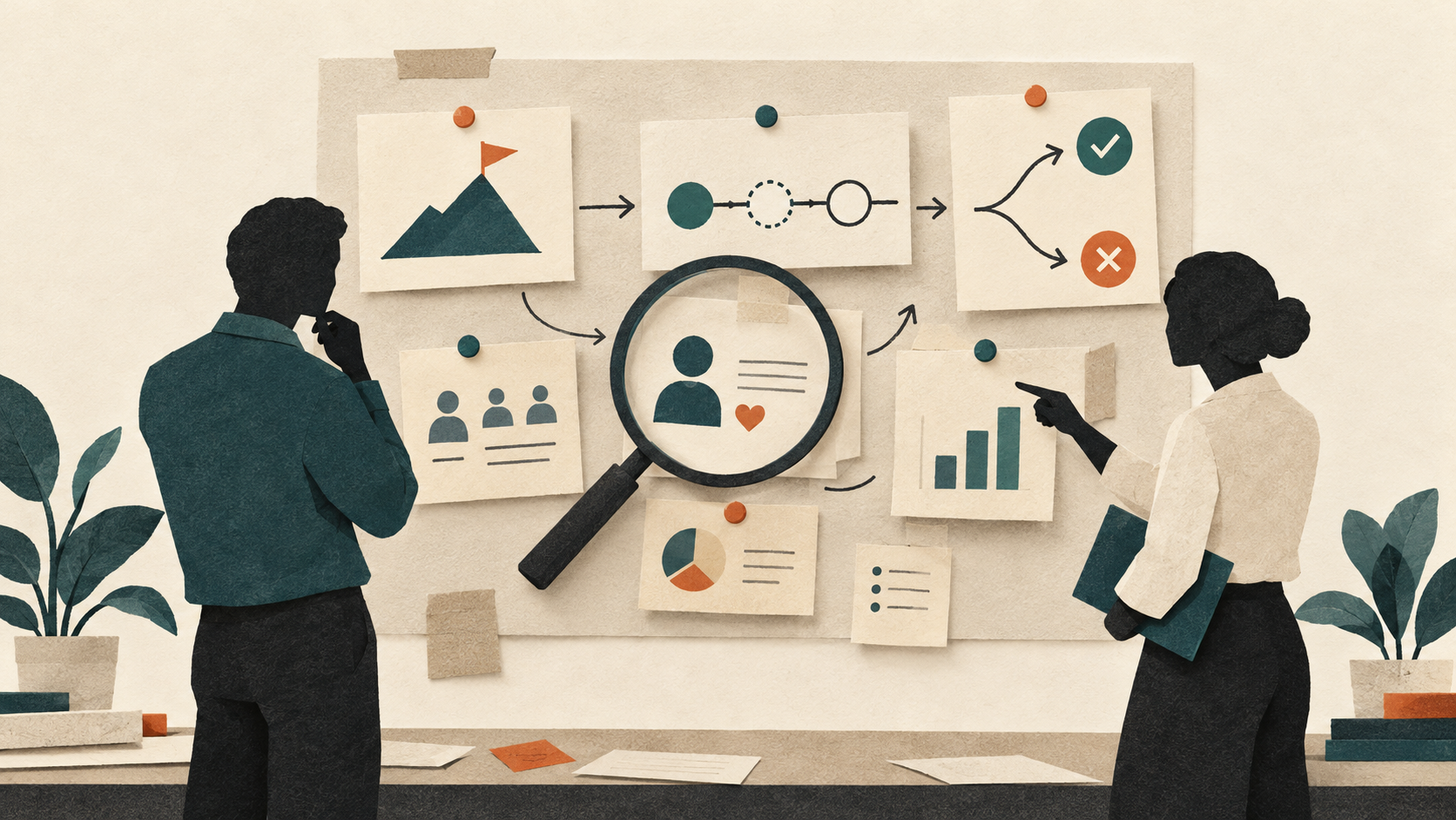 A founder and advisor examine customer evidence and a decision path on a shared board.