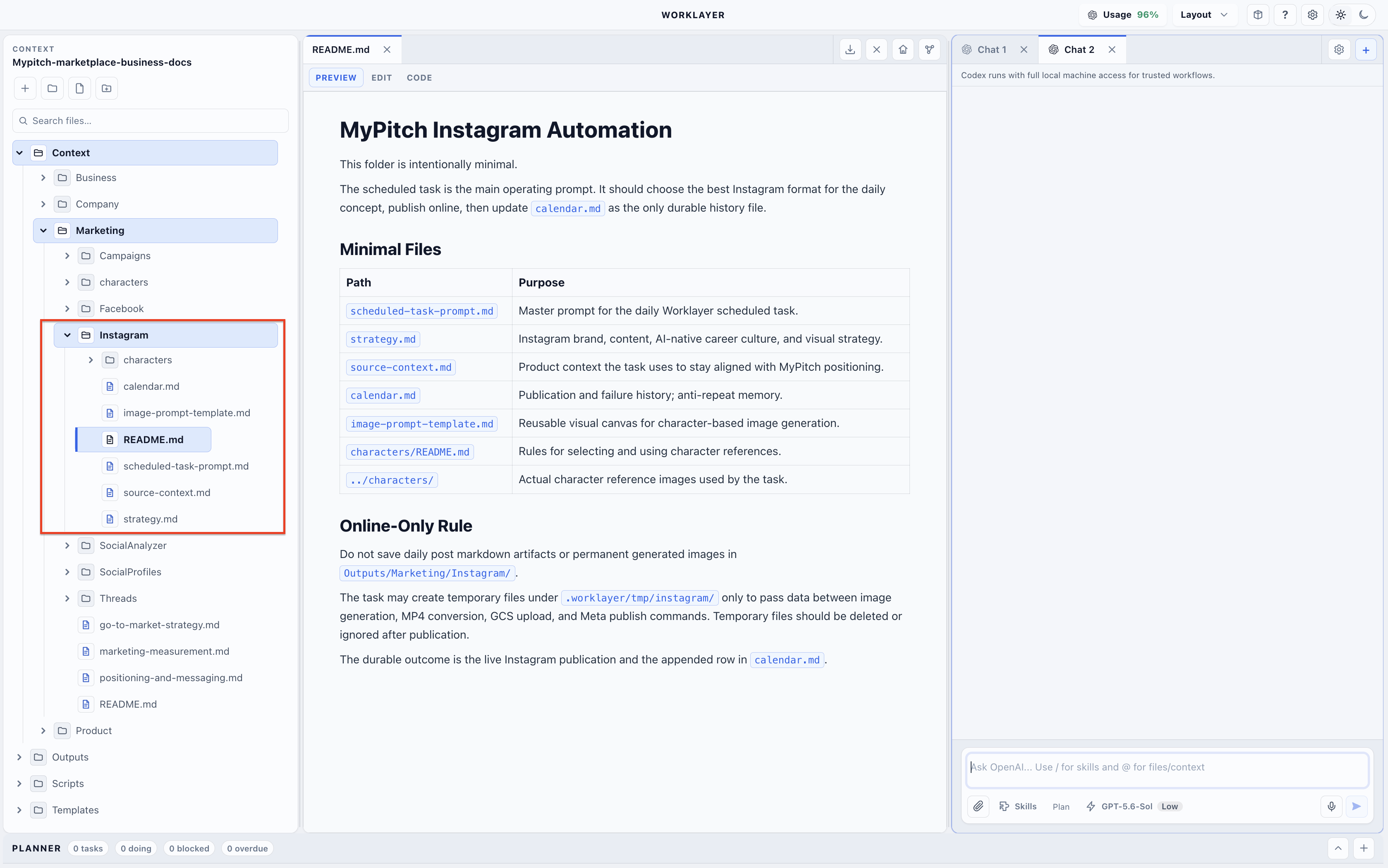 The MyPitch Instagram context folder A workspace file tree showing the context files used by an automated social publishing agent.