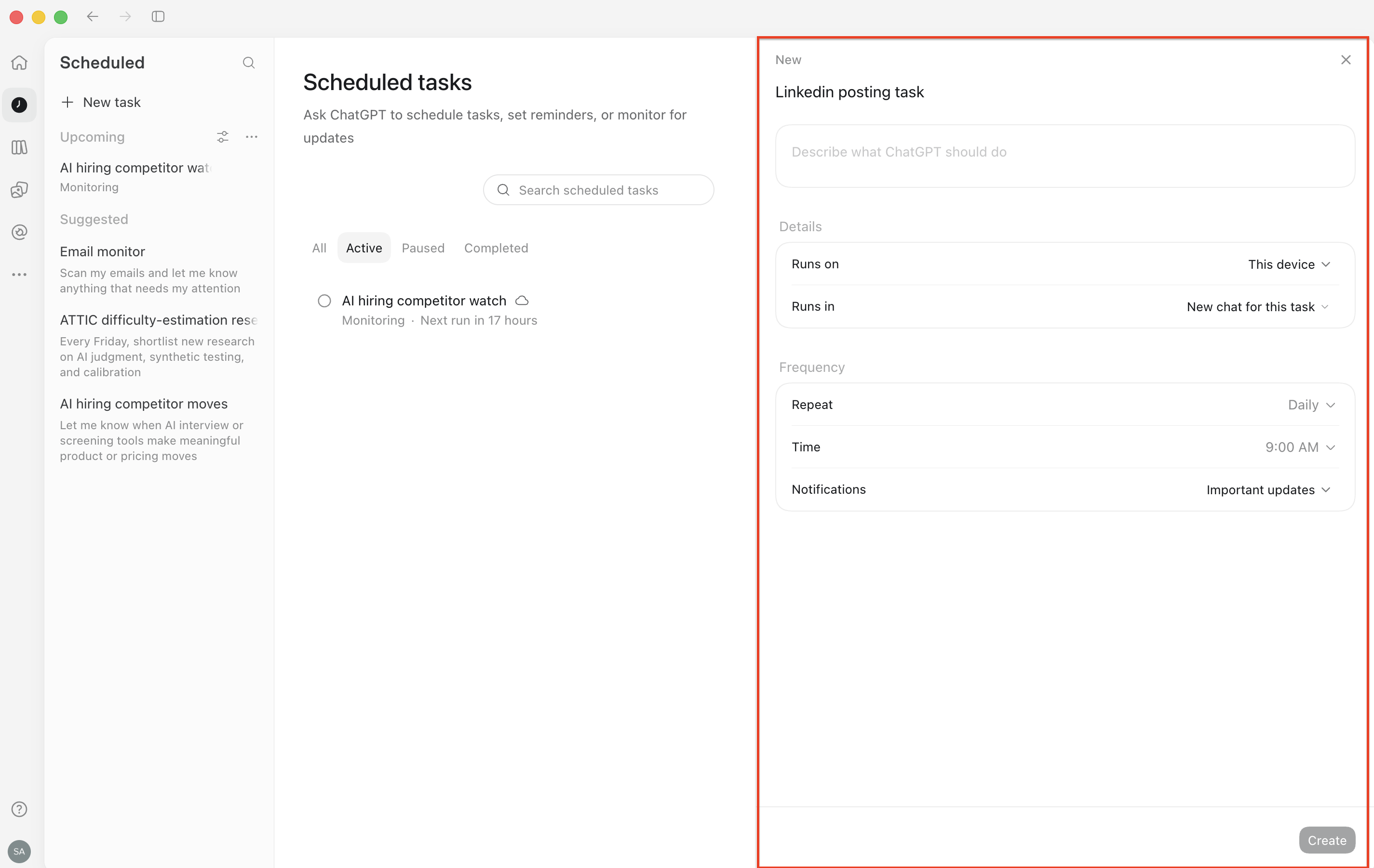A Codex Scheduled Task for LinkedIn A scheduled AI task configured to prepare recurring LinkedIn content from uploaded or project-based context.
