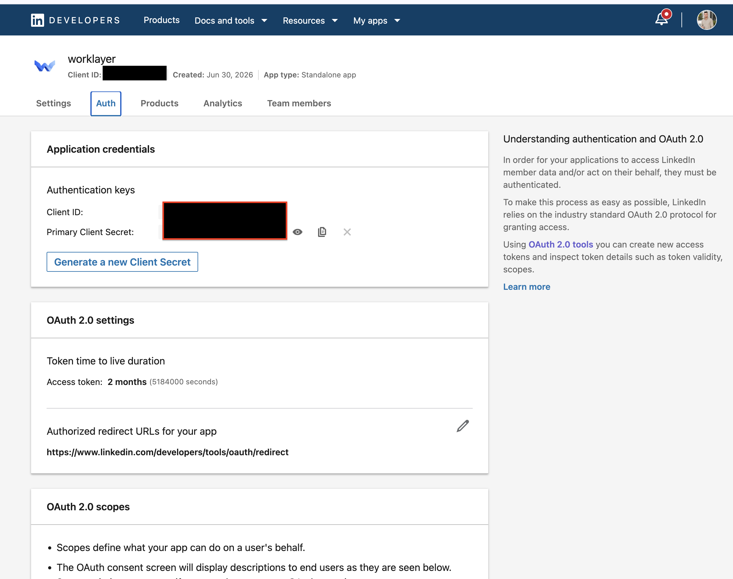 LinkedIn application and OAuth configuration LinkedIn Developer Portal configuration for an application authorized to publish on behalf of a member.